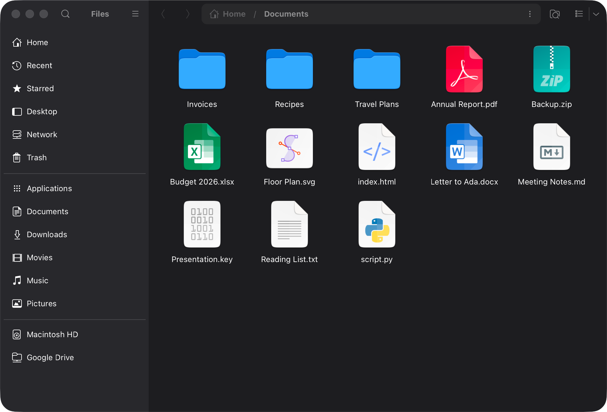 The Documents folder in the dark appearance