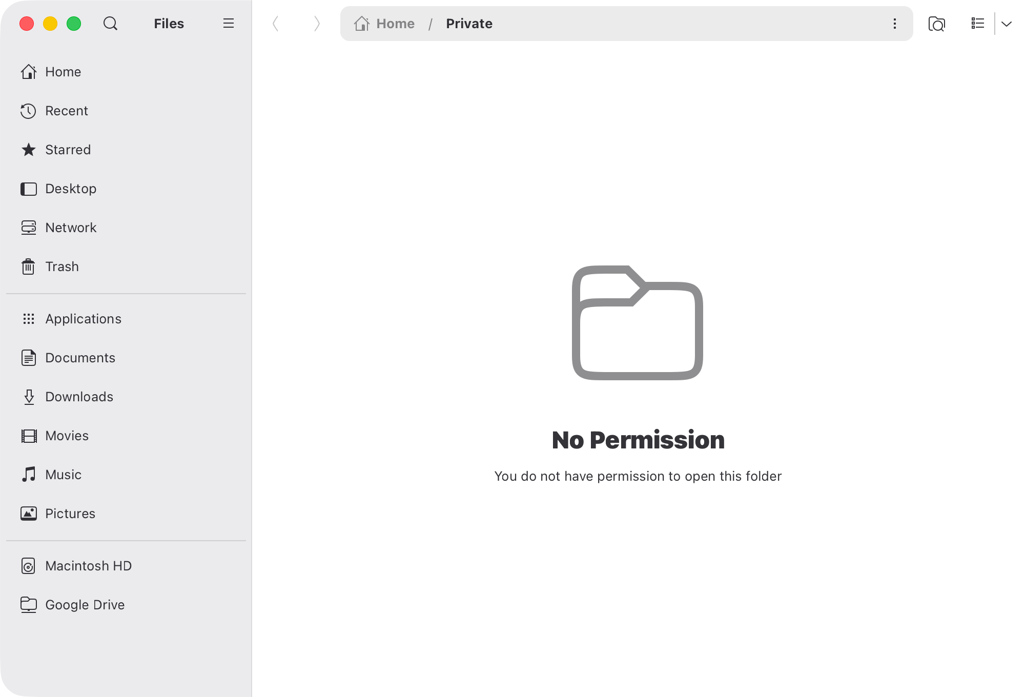 The No Permission page on a folder the account may not open
