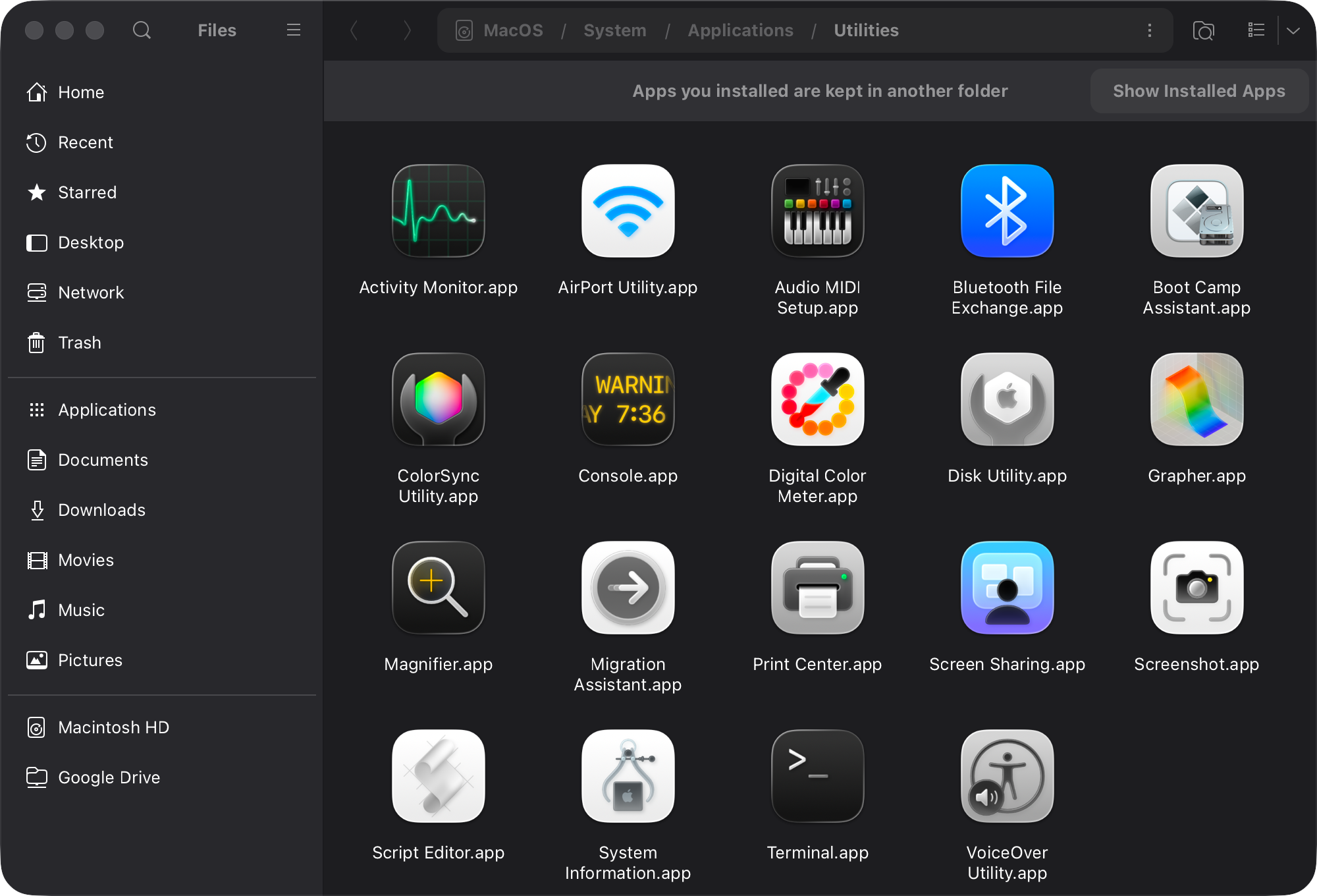 The Utilities folder of MacOS in Miles, with each app's own icon
