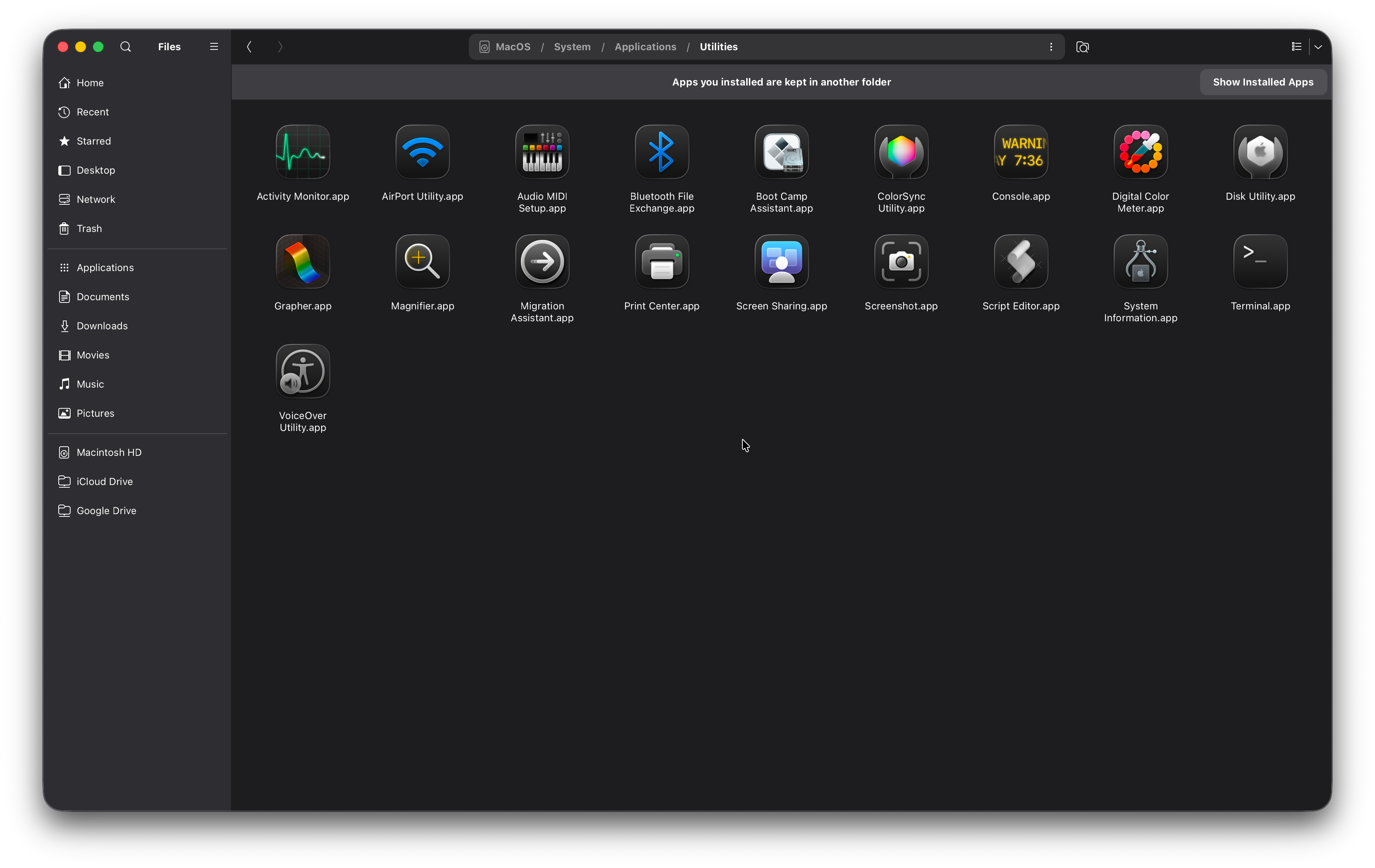 The Utilities folder of MacOS in Miles, in the dark appearance